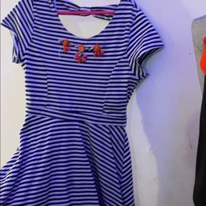 blue and white striped knee length kids dress